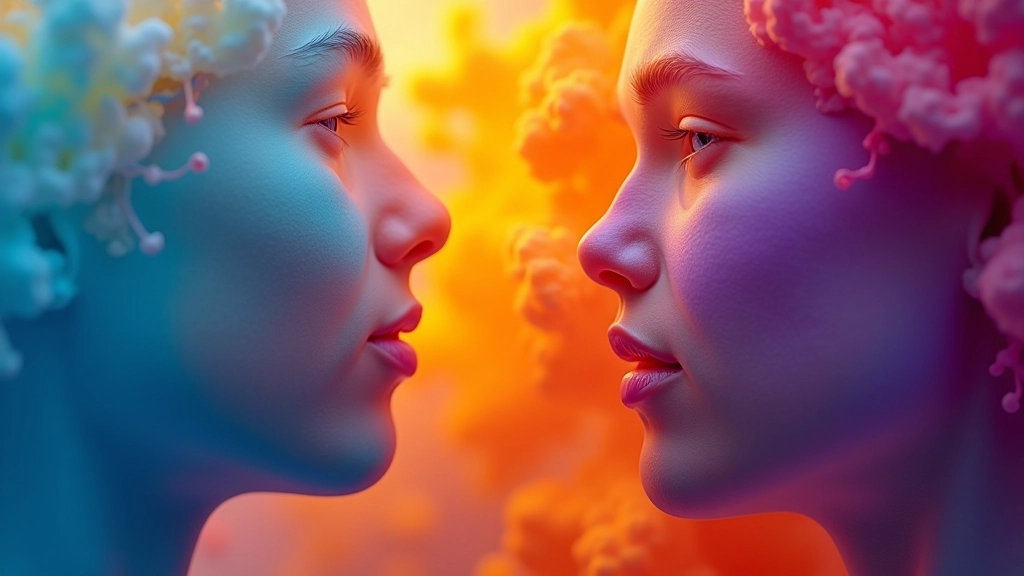 Abstraktní barevné tvary představující různé emoce vedle sebe, bohatá barevná paleta