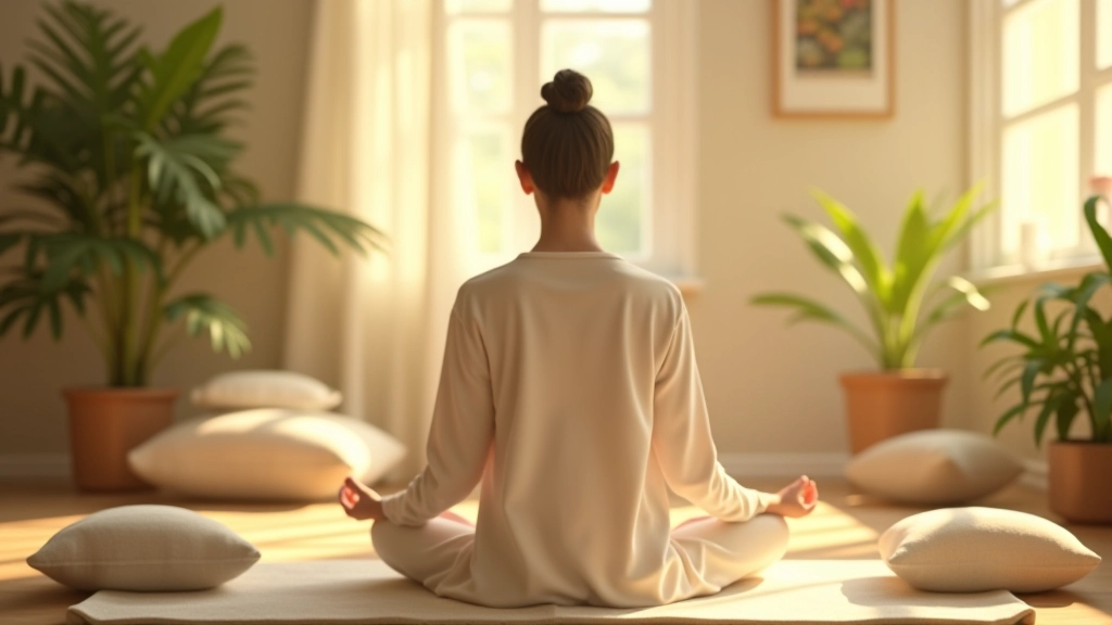 Interierér klidné meditační místnosti s měkkým osvětlením a rostlinami