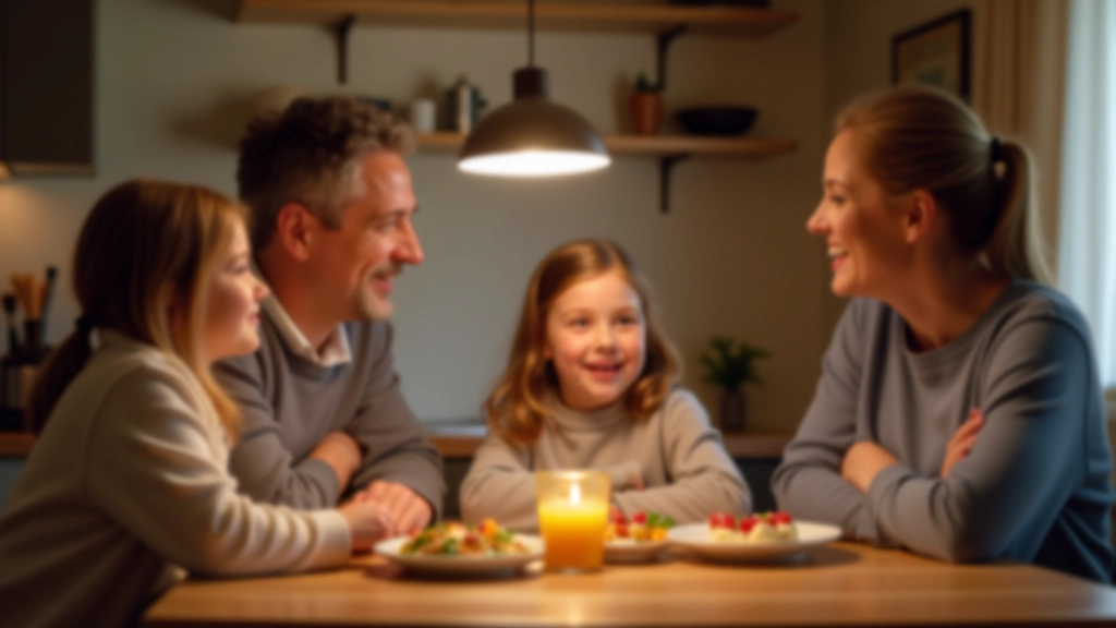 Rodina sedí kolem stolu a vede rozhovor při jídle, všichko jsou zaměřeni na sebe navzájem