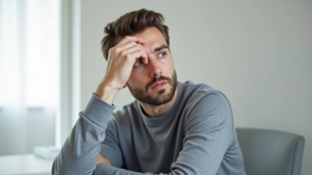 Muž sedí na podlaze opřený o zeď, ruka na čele, výraz zamyšlení a přemýšlení