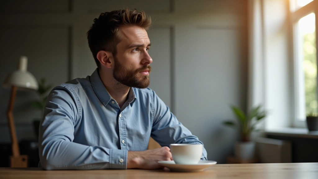 Muž středního věku sedí u stolu a přemýšlí, pohled upřený stranou, v klidné kanceláři s přírodním osvětlením