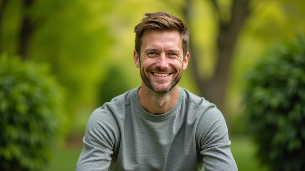 Muž s klidným výrazem tváře sedí v přirozeném prostředí a hledí dopředu