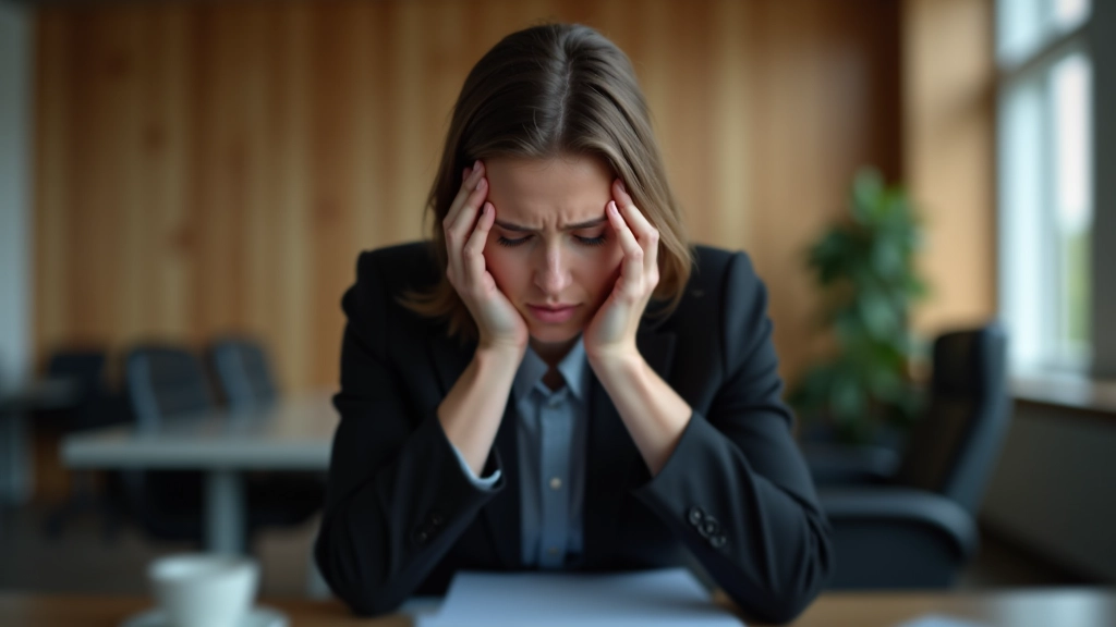 Osoba si dává hlavu do rukou a vypadá unaveně a stresovaně, sedí u stolu s notebookem