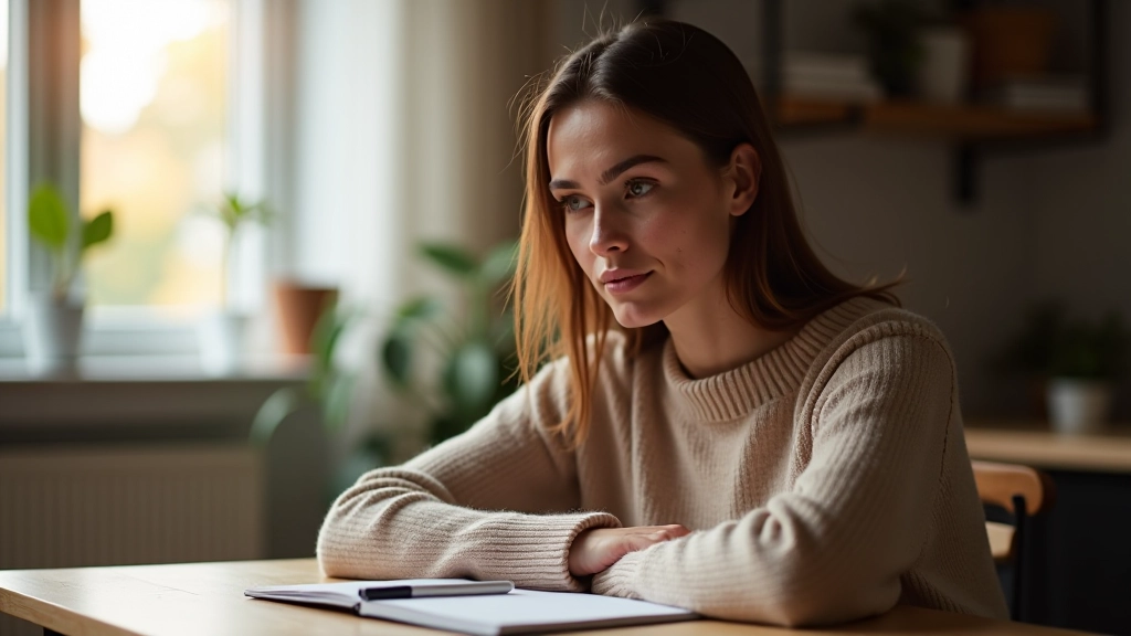 Žena středního věku sedí s perem a psát do notebooku, koncentrovaný výraz, přirozené světlo z okna, útulná pracovna