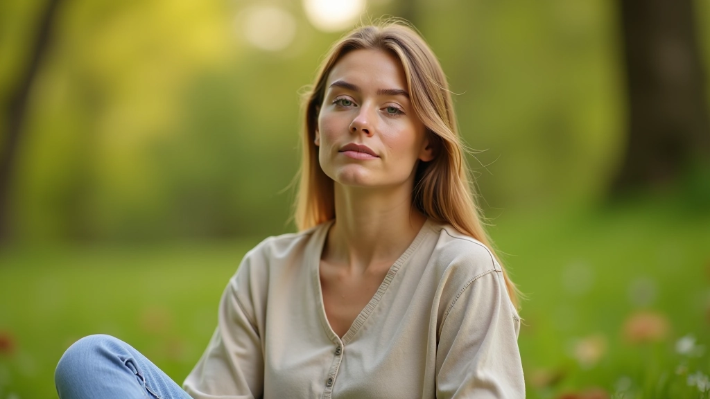 Žena s klidným výrazem tváře sedí v přírodě a hledí do dálky s úsměvem