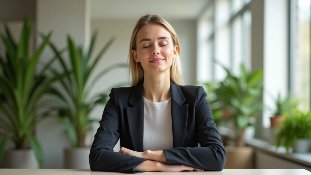 Žena sedí v kanceláři a medituje s zavřenýma očima, přední pohled