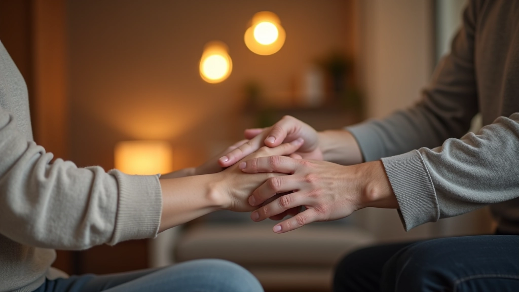Dvě osoby si podávají ruce a navzájem se podpírají v teplém prostředí